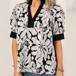 NWT Entro Black & White Floral Embroidered Eyelet Puff Sleeve Blouse Top Shirt L